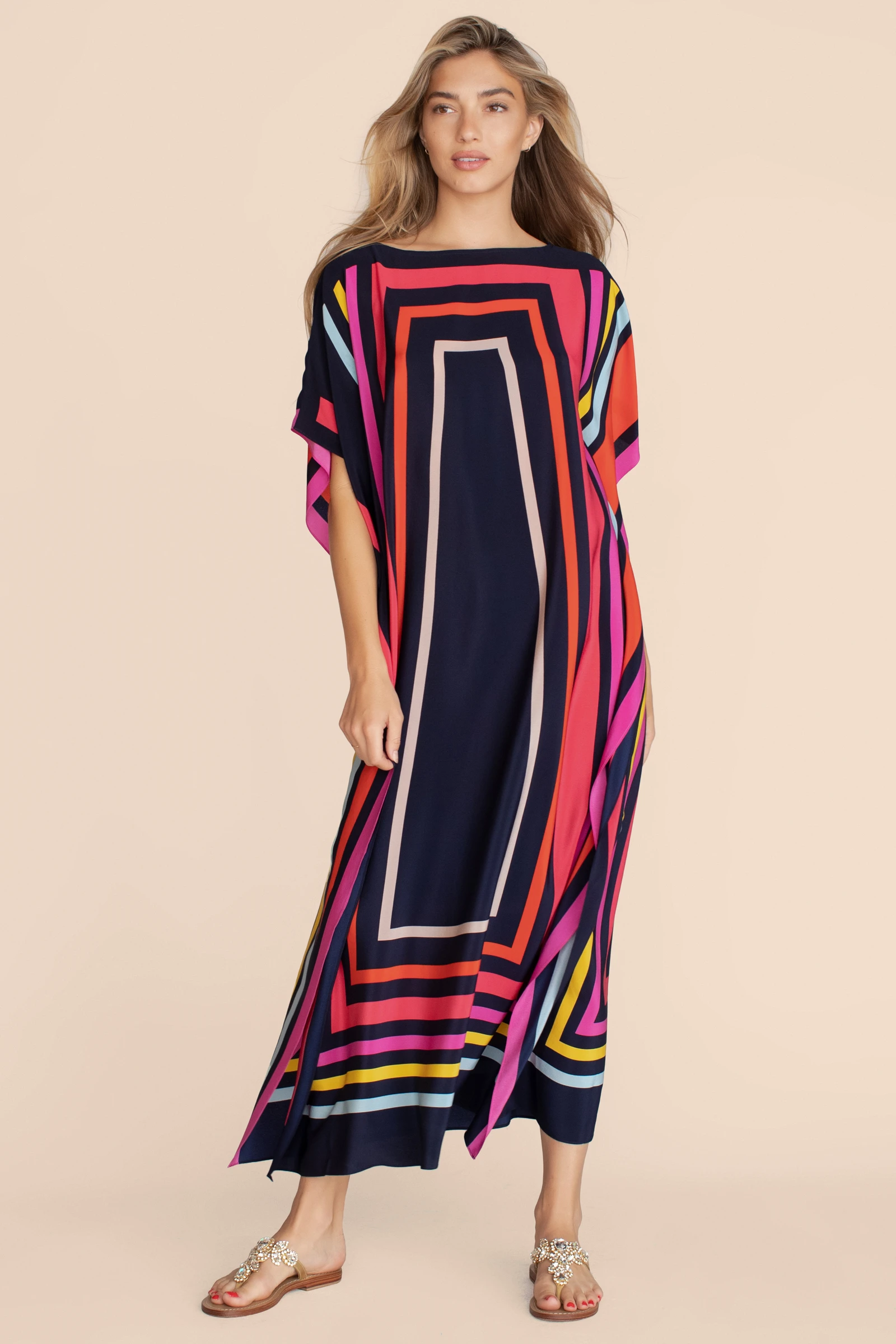 Soft Satin Silk Caftan Dress with Bold Geometric Stripes – Luxe & Comfortable