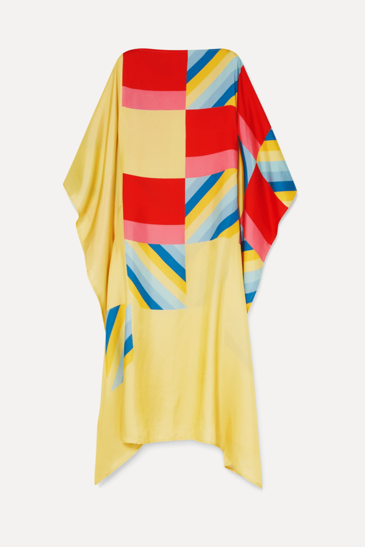 Luxe Flowing Kaftan in Soft Satin Silk with Bold Geometric Print