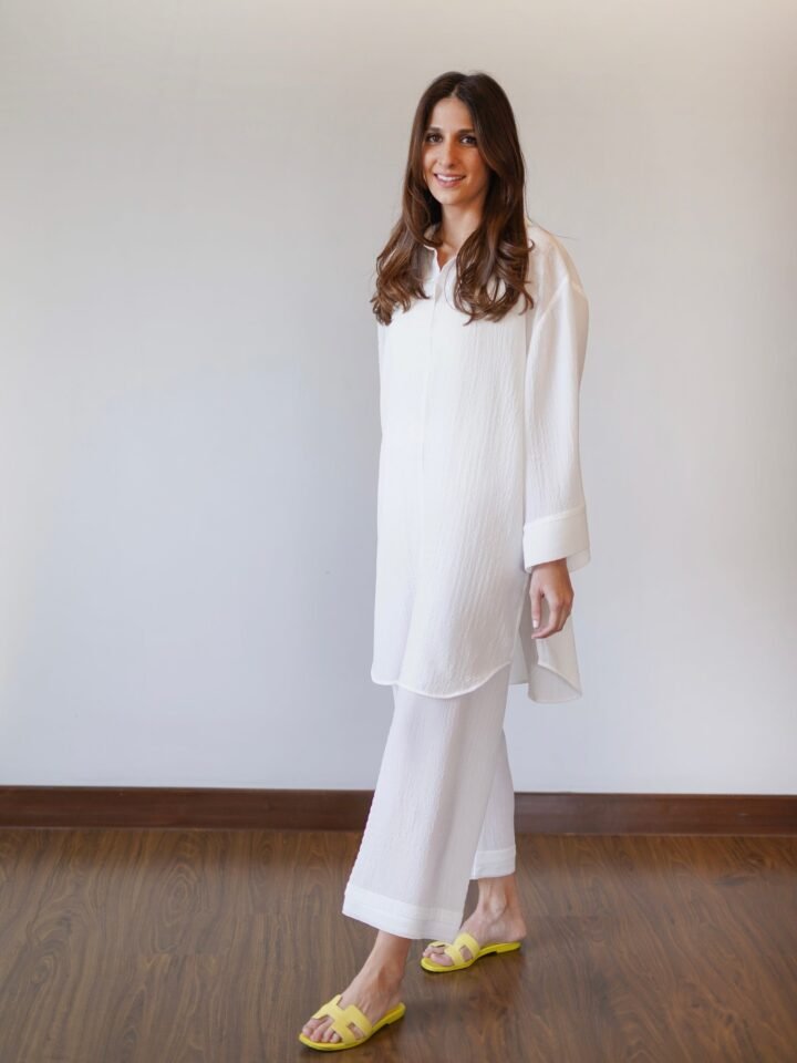Elegant Co-Ord Set in Zubric Bubble Fabric with Contrast Sleeves