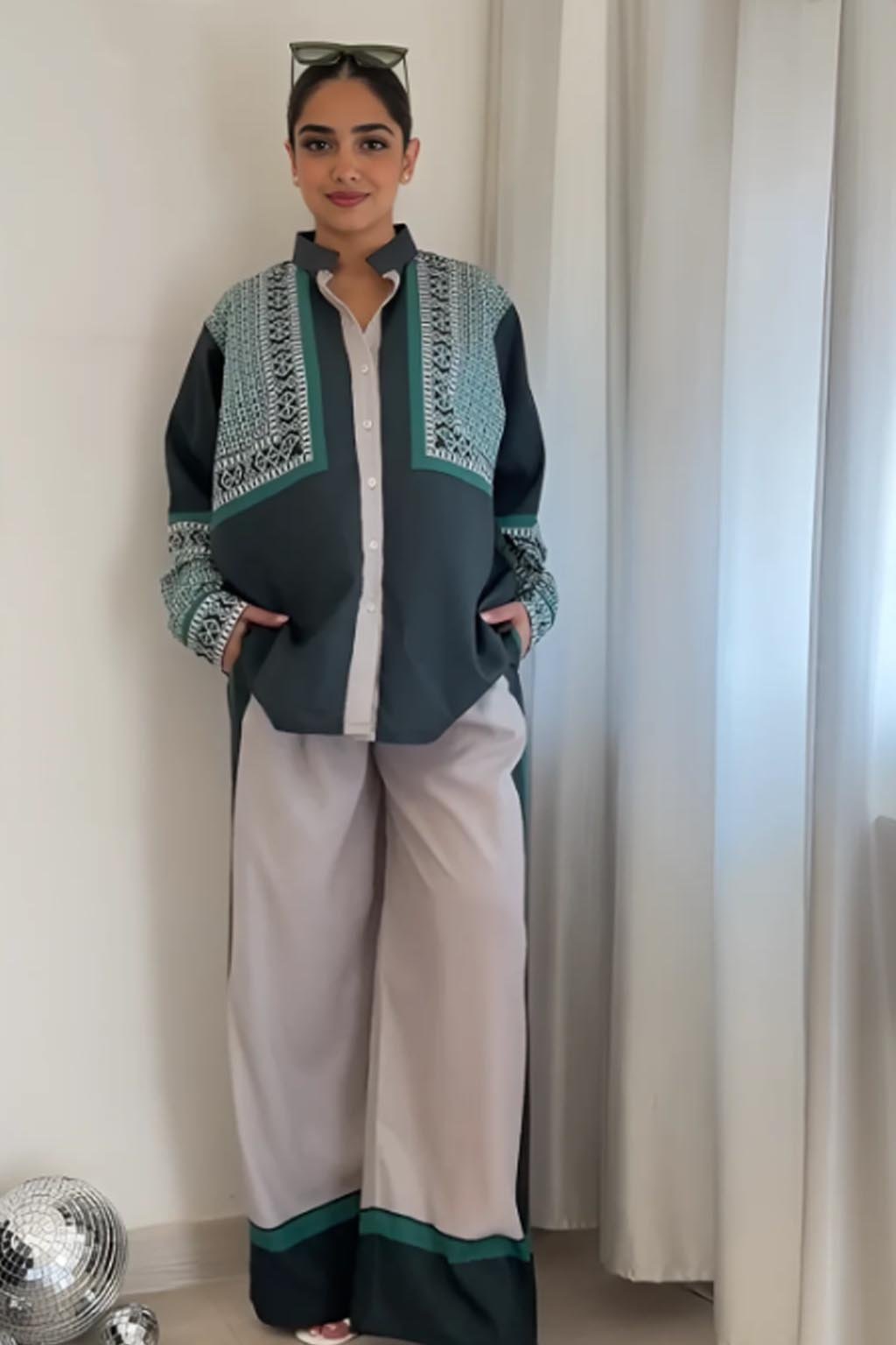 Elegant Korean BSY Fabric Shirt with Traditional Print Detailing