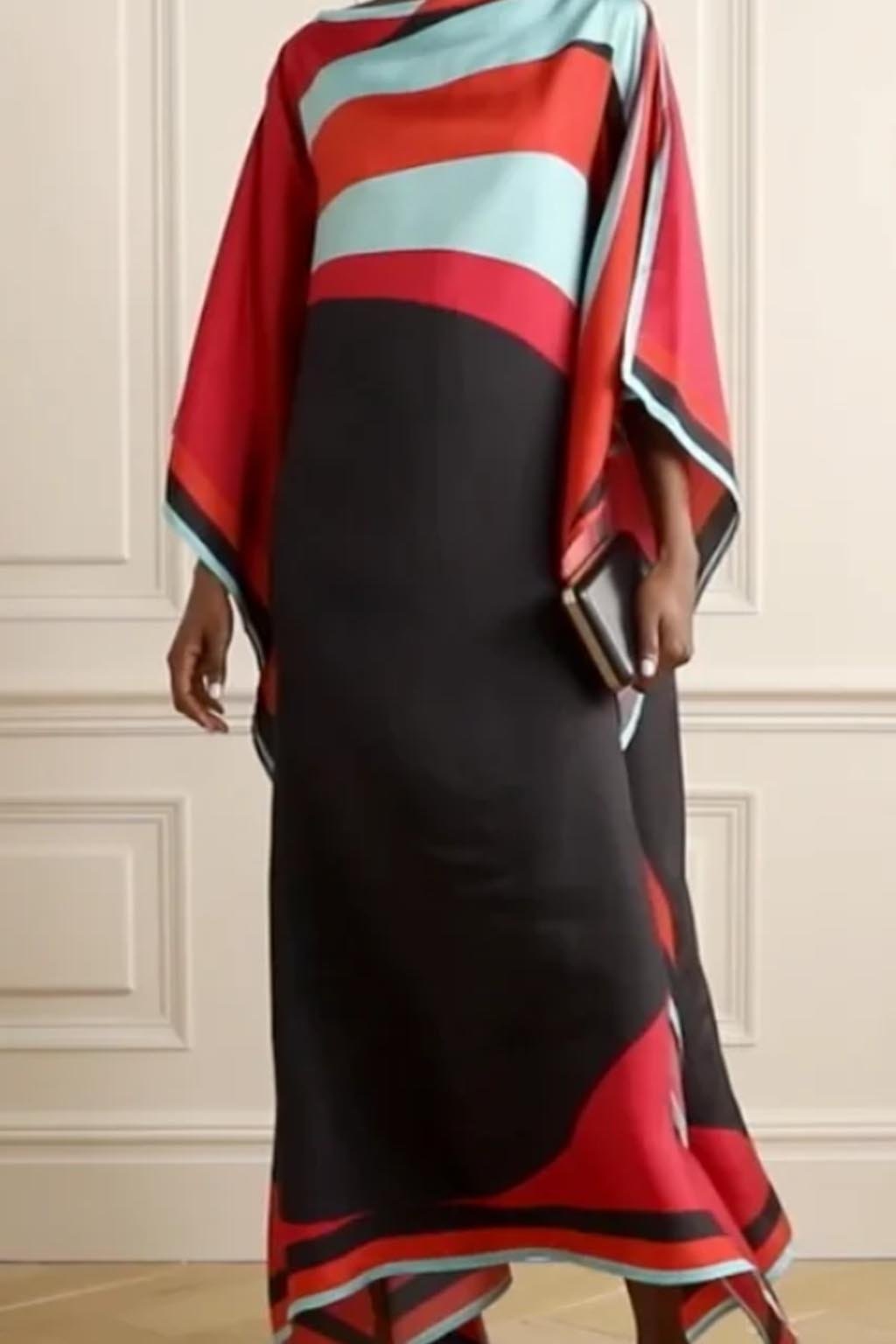 Elegant Soft Satin Silk Color-Block Caftan Dress
