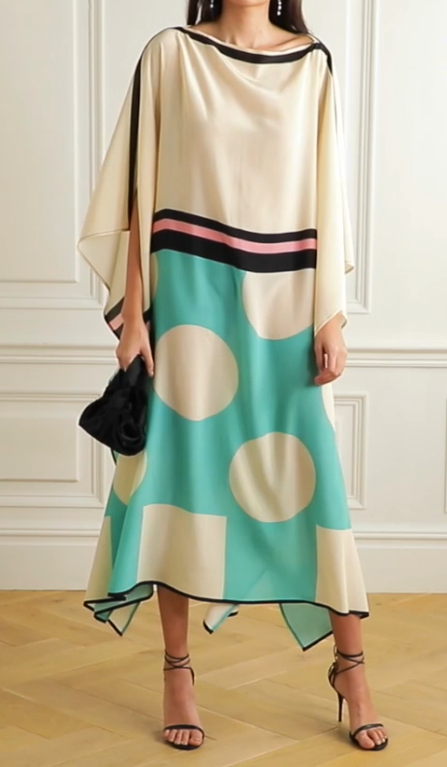 Elegant Satin Silk Kaftan Dress with Abstract Polka Print