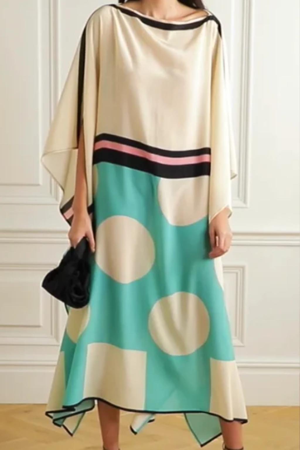 Elegant Satin Silk Kaftan Dress with Abstract Polka Print