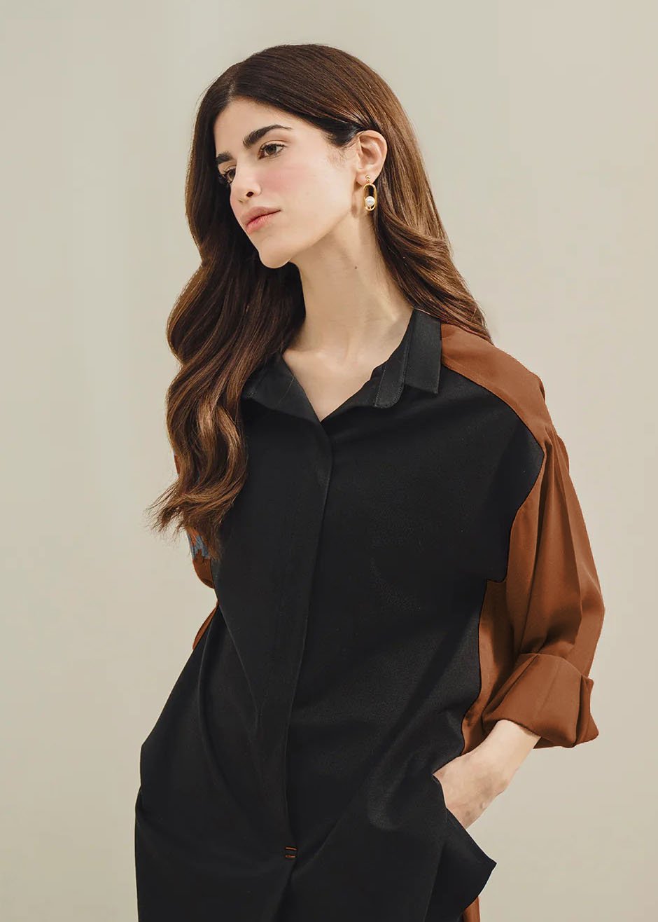 Two-Tone Contrast Longline Shirt – Coffee Edition