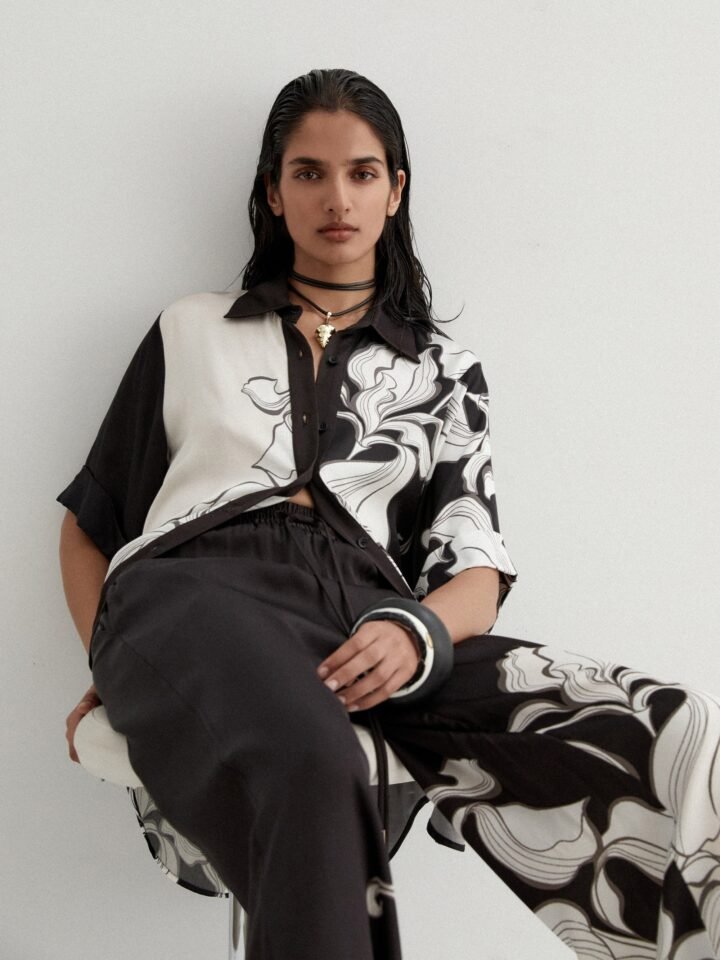 Monochrome Floral Soft BSY Crepe Co-ord Set