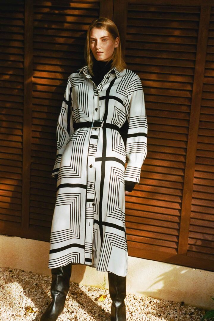 Geometric Monochrome Shirt Dress – Rayon Cotton Blend