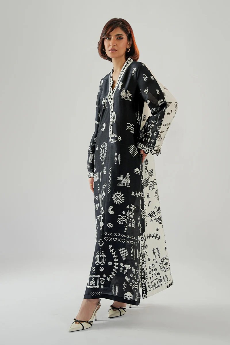 Black Cotton Satin Blend Kaftan with Tribal Print Detailing