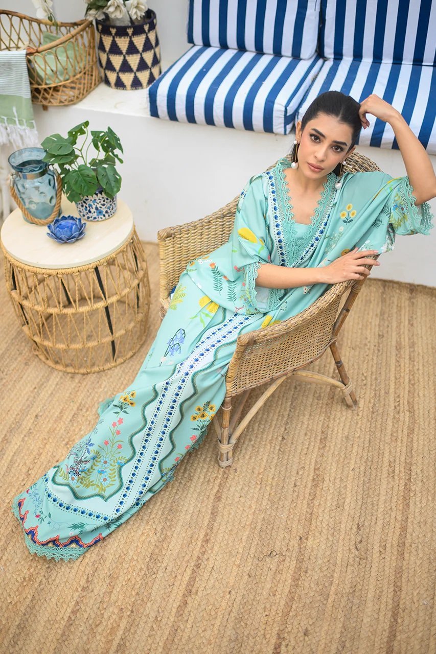 Elegant Soft BSY Crepe Kaftan with Intricate Floral Print and Lace Detailing