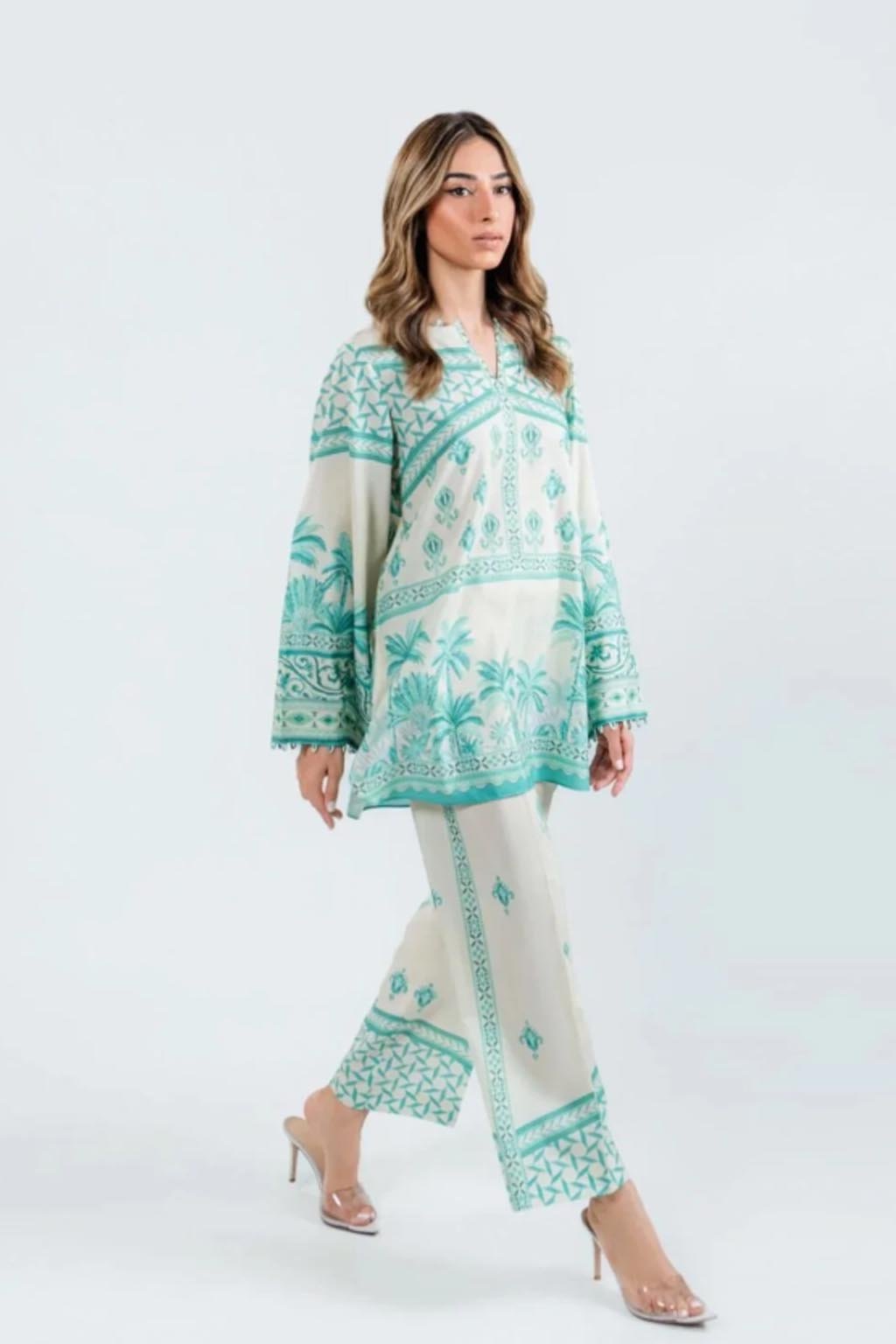 Mint Palm Cotton Satin Blend Co-Ord Set