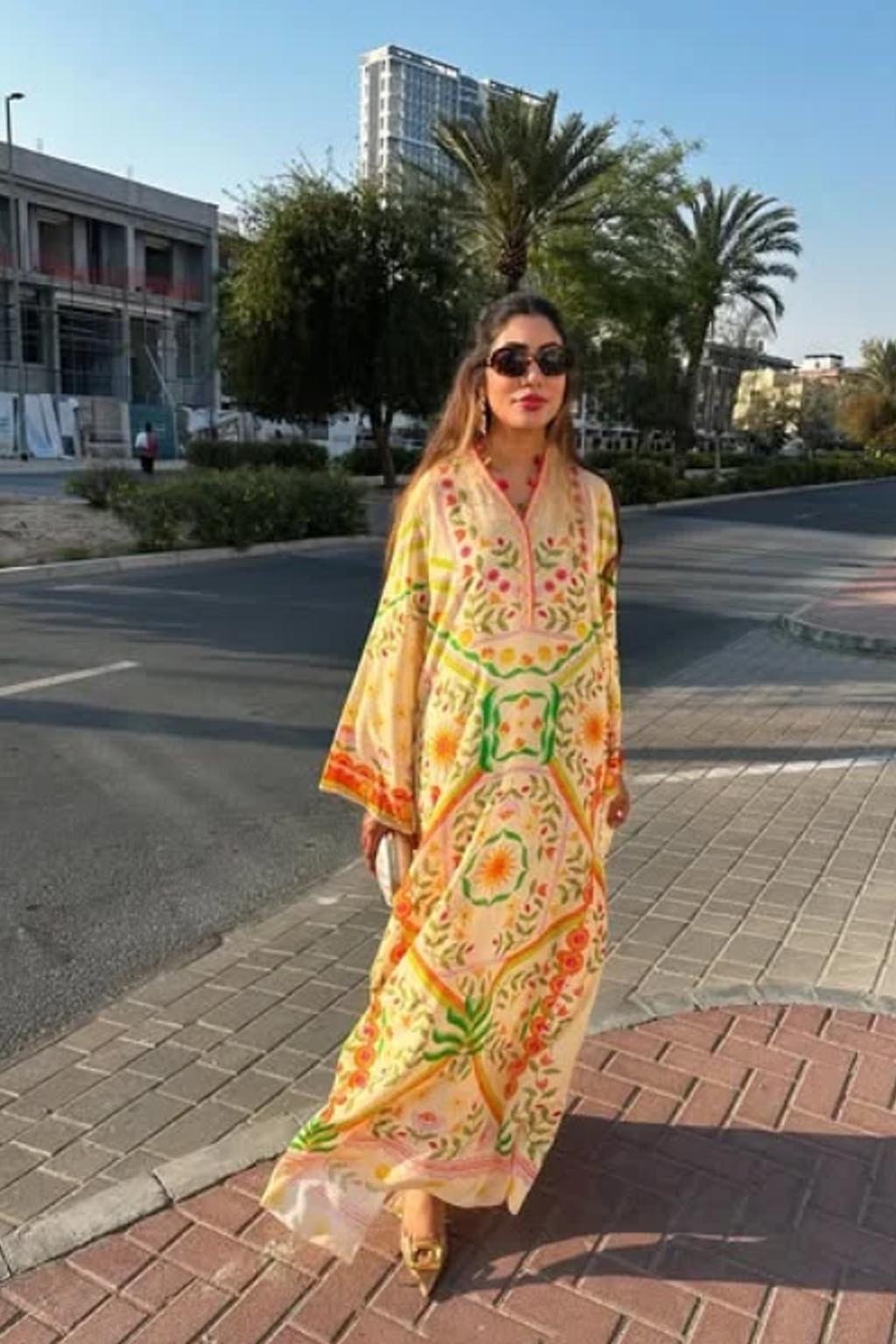 Soft Crepe Floral Kaftan with Resham Tassel Detailing