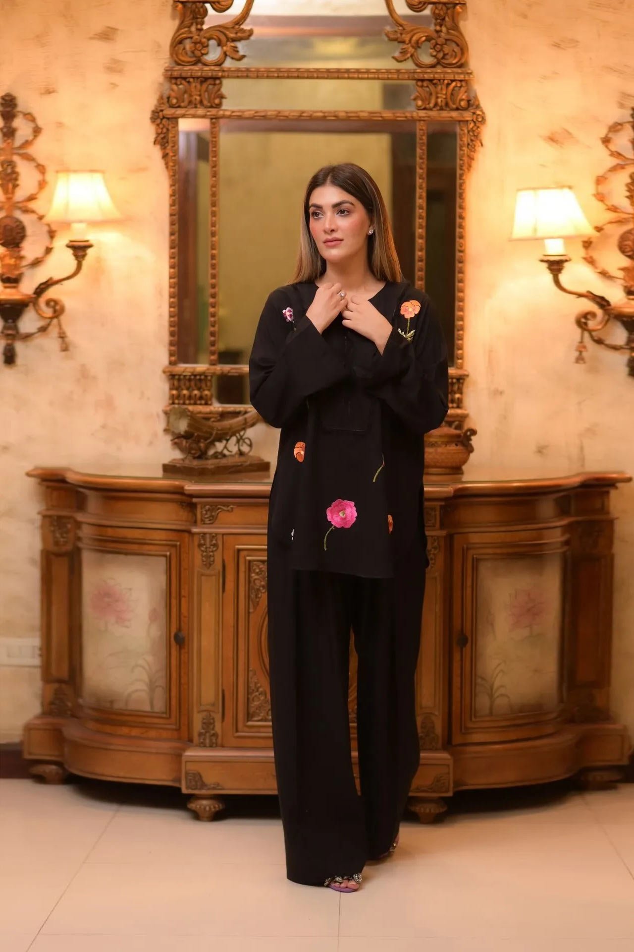 Elegant Black Embroidered Diamond Crepe Suit